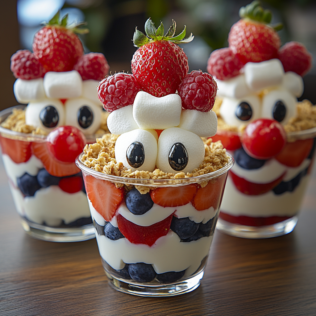 Enjoy making Fruit and Yogurt Parfait Clowns, fun and healthy parfaits decorated to look like clowns, using fresh fruit and creamy yogurt. Perfect for those seeking easy kid dessert recipes no-bake and quick 10 minute dessert ideas.