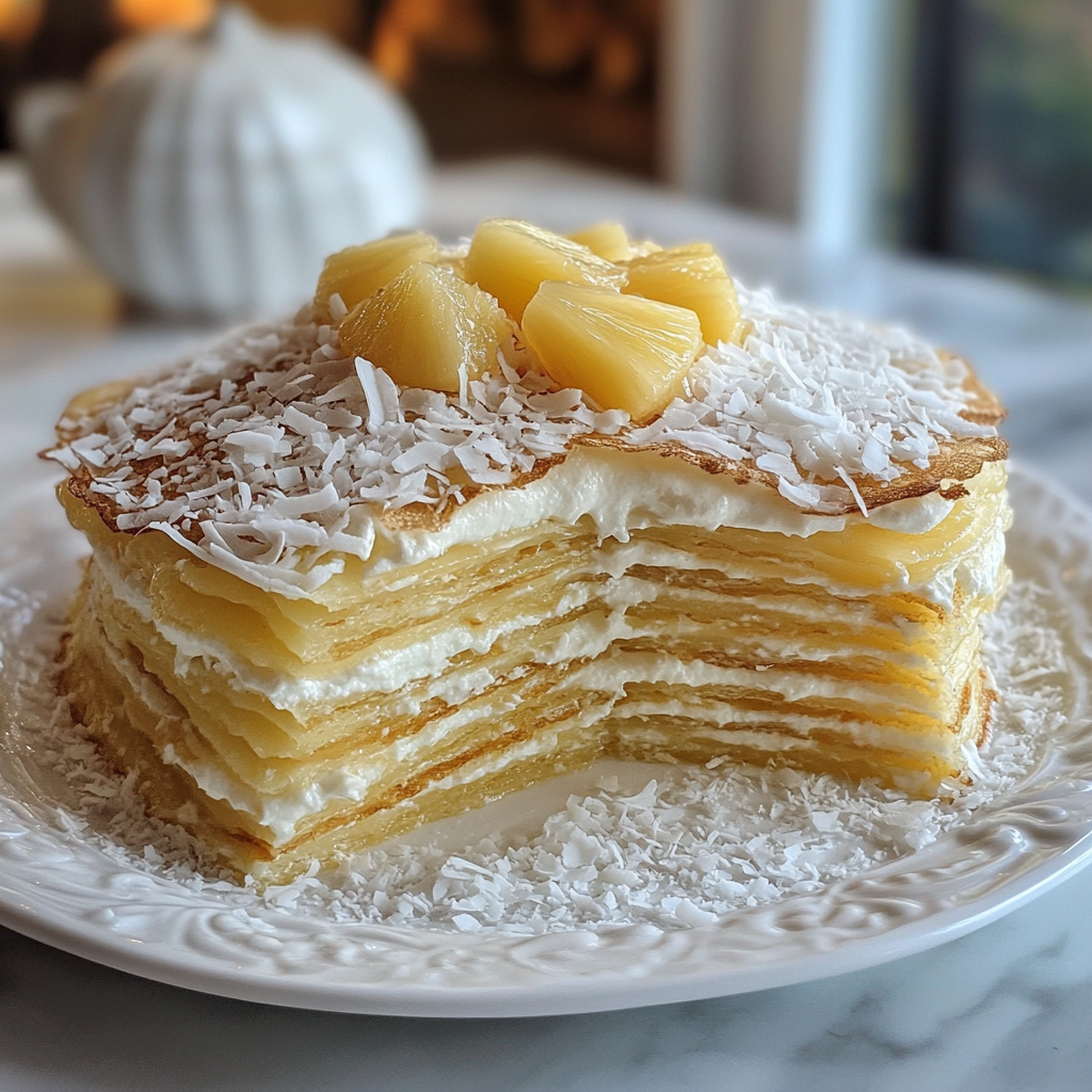 Discover one of the best easy pineapple dessert recipes with Pineapple Coconut Crepe Cake: an exotic crepe cake with pineapple and coconut flavors, perfect for a tropical touch.