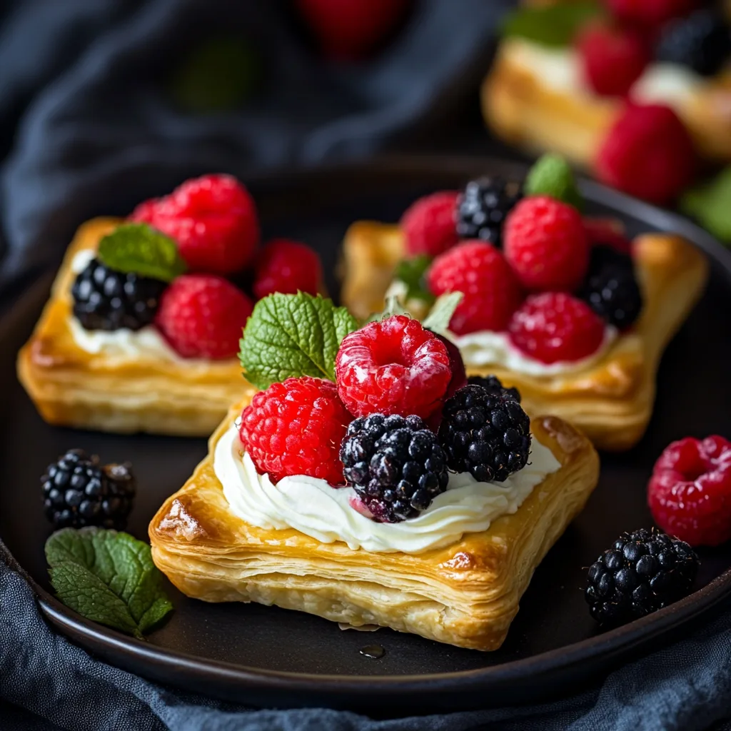 For this easy puff pastry dessert recipe, these Berry Cheesecake Puff Pastry Tarts are a delightful combination of flaky puff pastry, creamy cheesecake filling, and fresh berries. Perfect for a quick and impressive dessert, these tarts are easy to make and sure to be a hit at any gathering. Enjoy them with a dollop of whipped cream or a scoop of ice cream for an extra treat. 