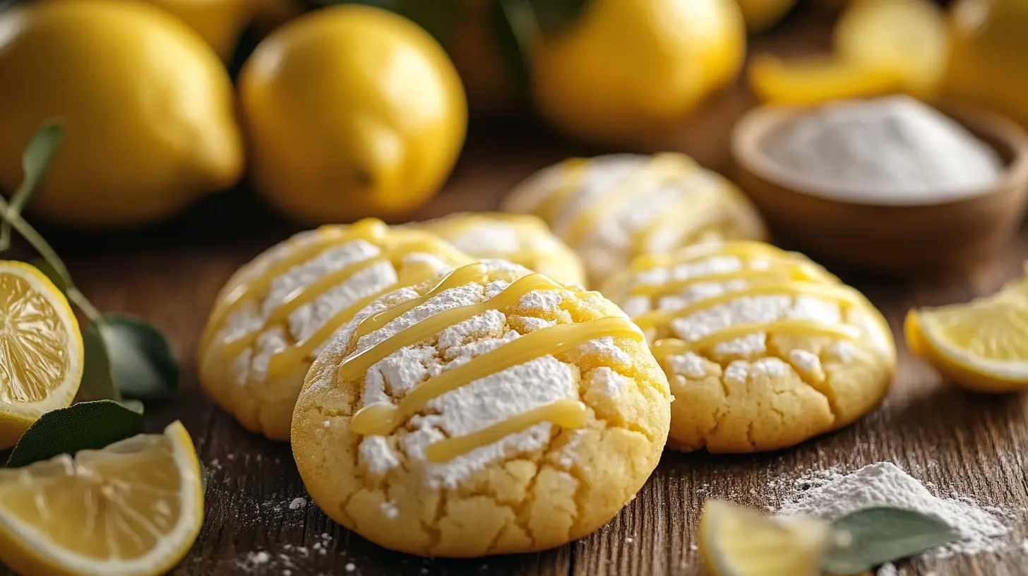 Freshly baked lemon cookies with a drizzle of glaze on a wooden table.