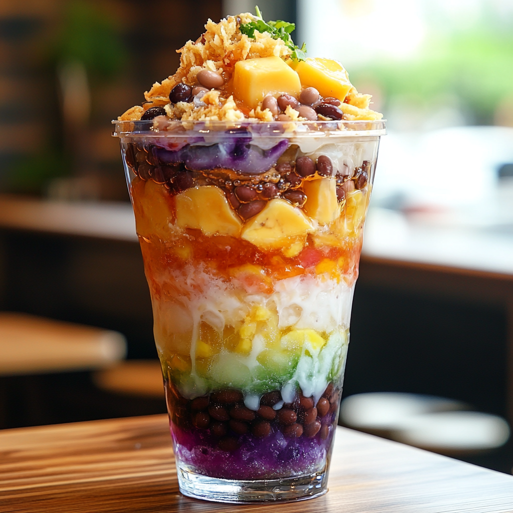 Indulge in the vibrant and refreshing Halo-Halo, a classic Filipino treat. This easy Pinoy dessert recipe combines a medley of sweet ingredients like shaved ice, fruits, and jellies, topped with creamy leche flan and ube ice cream, making it a perfect dessert for any celebration.