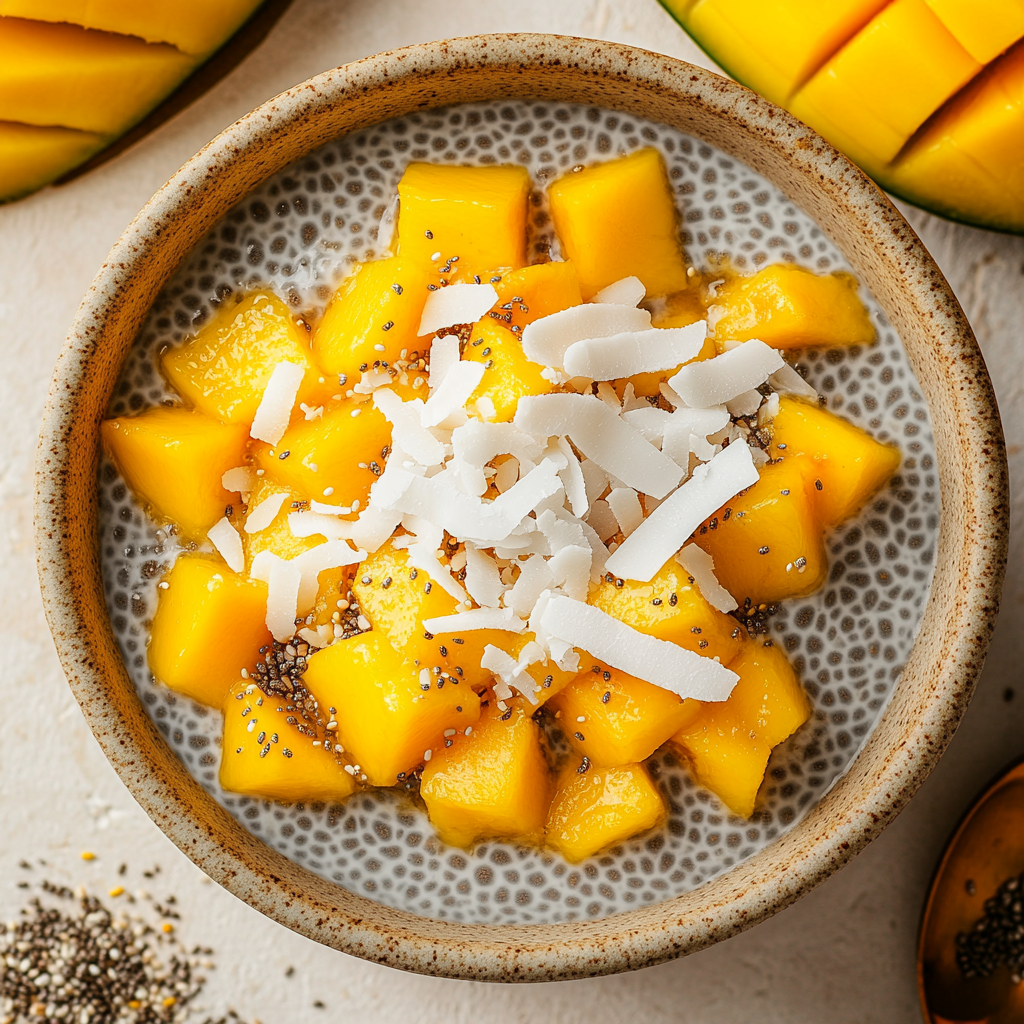 Enjoy a tropical delight with our Mango Coconut Chia Pudding! This creamy, no-bake dessert is ready in just 5 minutes, making it a perfect addition to your collection of edessert recipes using mango.