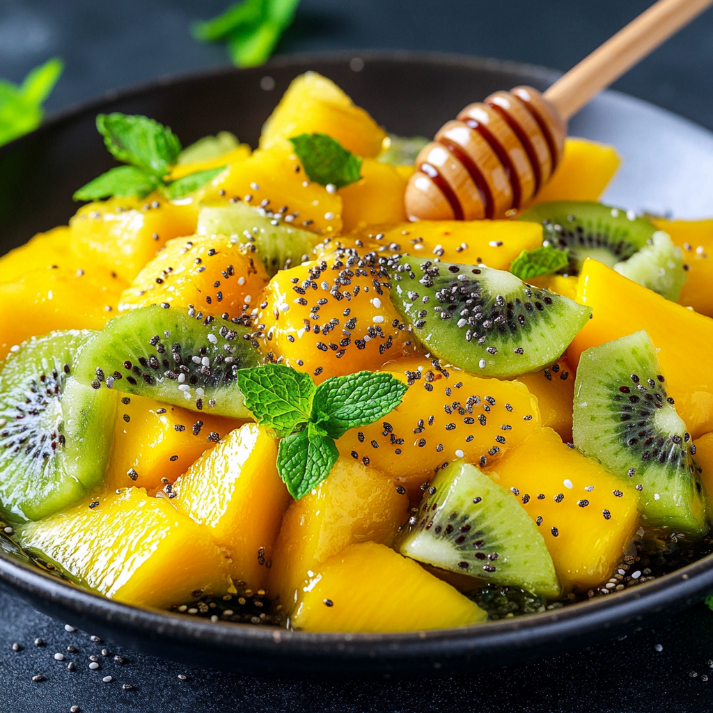 Discover the refreshing Mango Kiwi Chia Seed Salad, a perfect choice for easy mango dessert recipes. Ready in just 10 minutes, this no-bake delight is a must-try for quick and healthy treats.