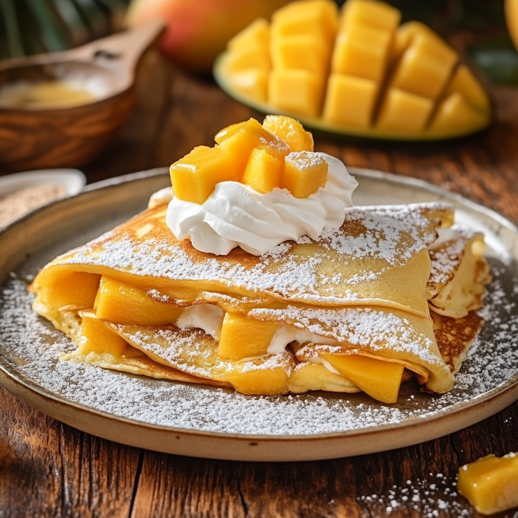 Discover one of the best easy mango dessert recipes with Mango Pancake: soft and fluffy crepes filled with fresh mango chunks and whipped cream, making for a refreshing and light dessert.