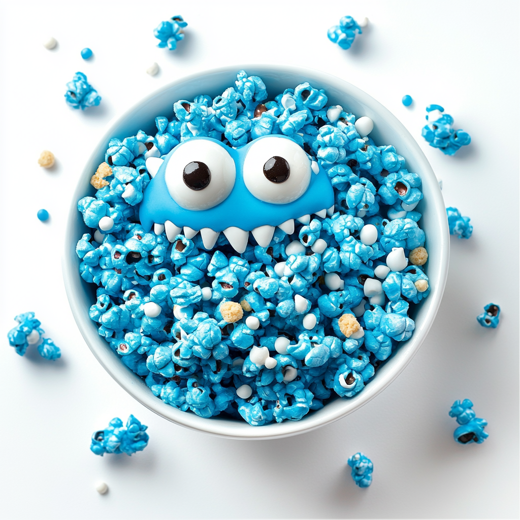 Delight in Cookie Monster Popcorn, a fun and tasty treat inspired by Cookie Monster, featuring popcorn coated in blue candy melts and mixed with cookie pieces. Perfect for those seeking easy kid dessert recipes no-bake and quick 10 minute dessert ideas.