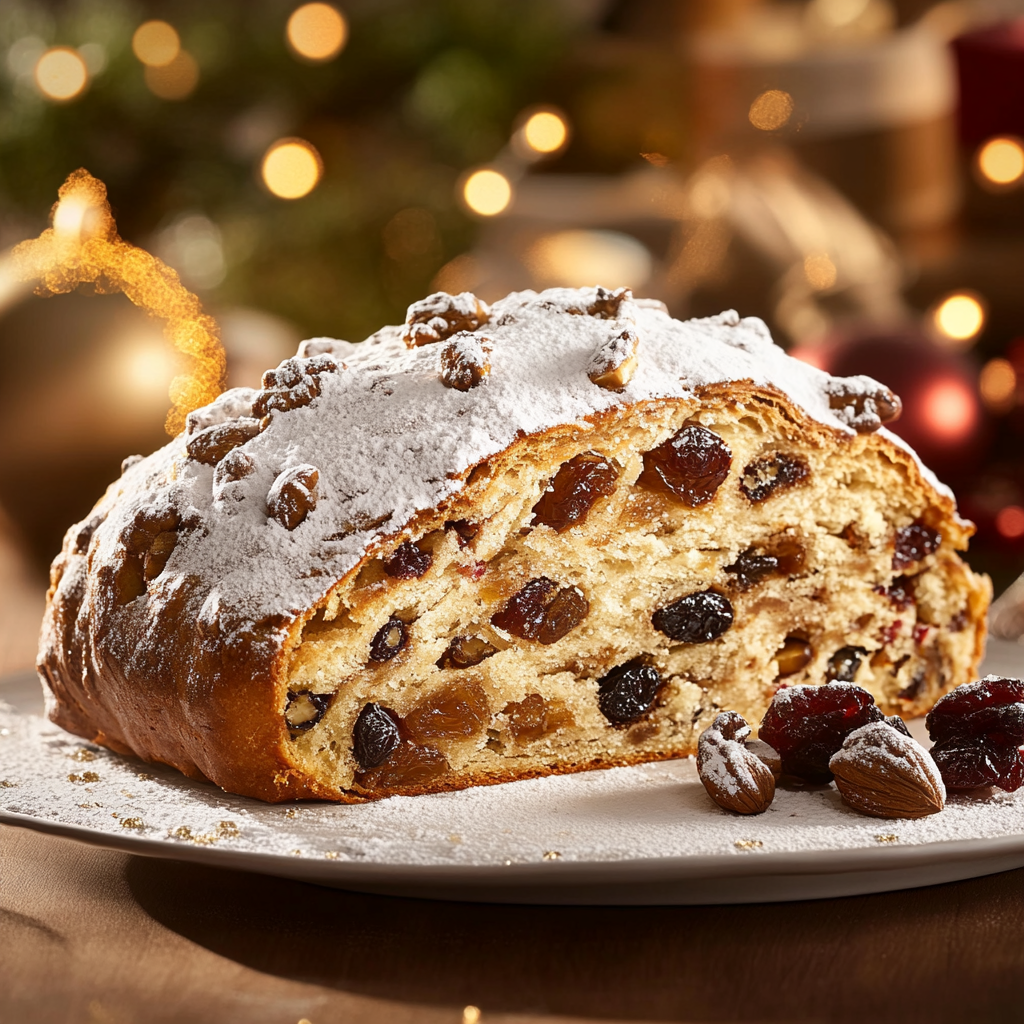 Explore the festive charm of easy German dessert recipes with our traditional German Christmas Bread (Stollen) recipe. This rich, yeasted bread is filled with dried fruits, nuts, and candied citrus peel, then dusted with powdered sugar for a snowy finish.