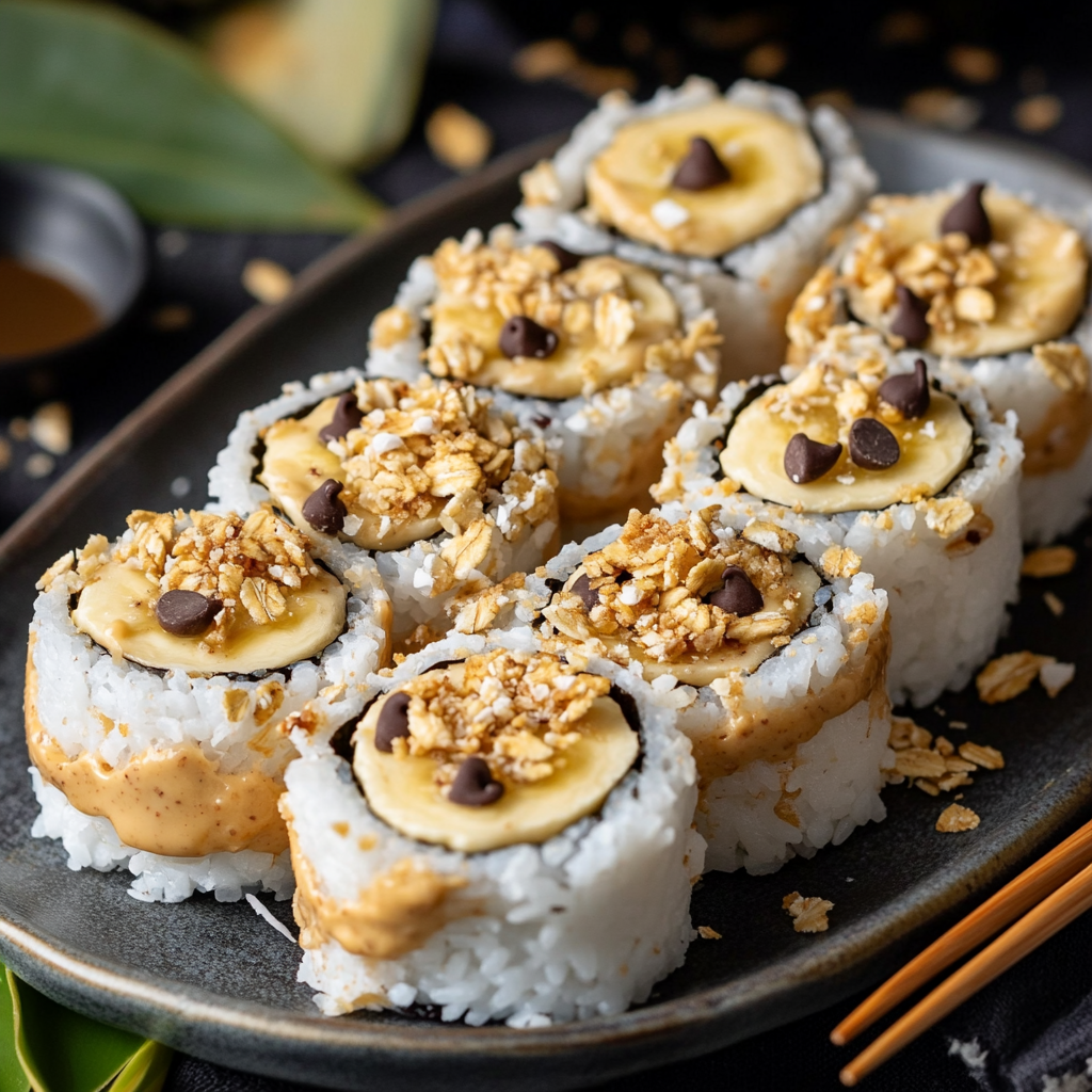 Try Banana Sushi, a fun and healthy snack that looks like sushi, made with bananas, peanut butter, and various toppings. Perfect for those searching for easy kid dessert recipes no-bake.