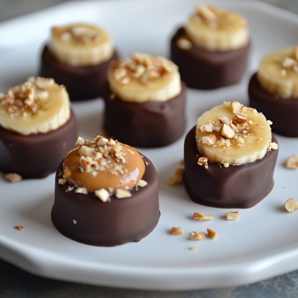 A delightful assortment of Chocolate Peanut Butter Banana Bites, featuring banana slices layered with creamy peanut butter and dipped in rich chocolate. These quick and easy no-bake treats are perfect for a healthy and satisfying snack.