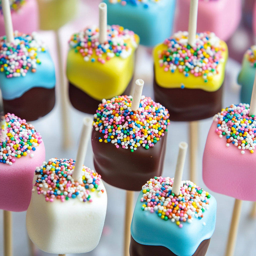 Create delightful Marshmallow Pops, a fun and easy treat where marshmallows are dipped in chocolate and decorated with sprinkles. Perfect for those looking for easy kid dessert recipes no-bake and 10 minute easy dessert recipes no bake.