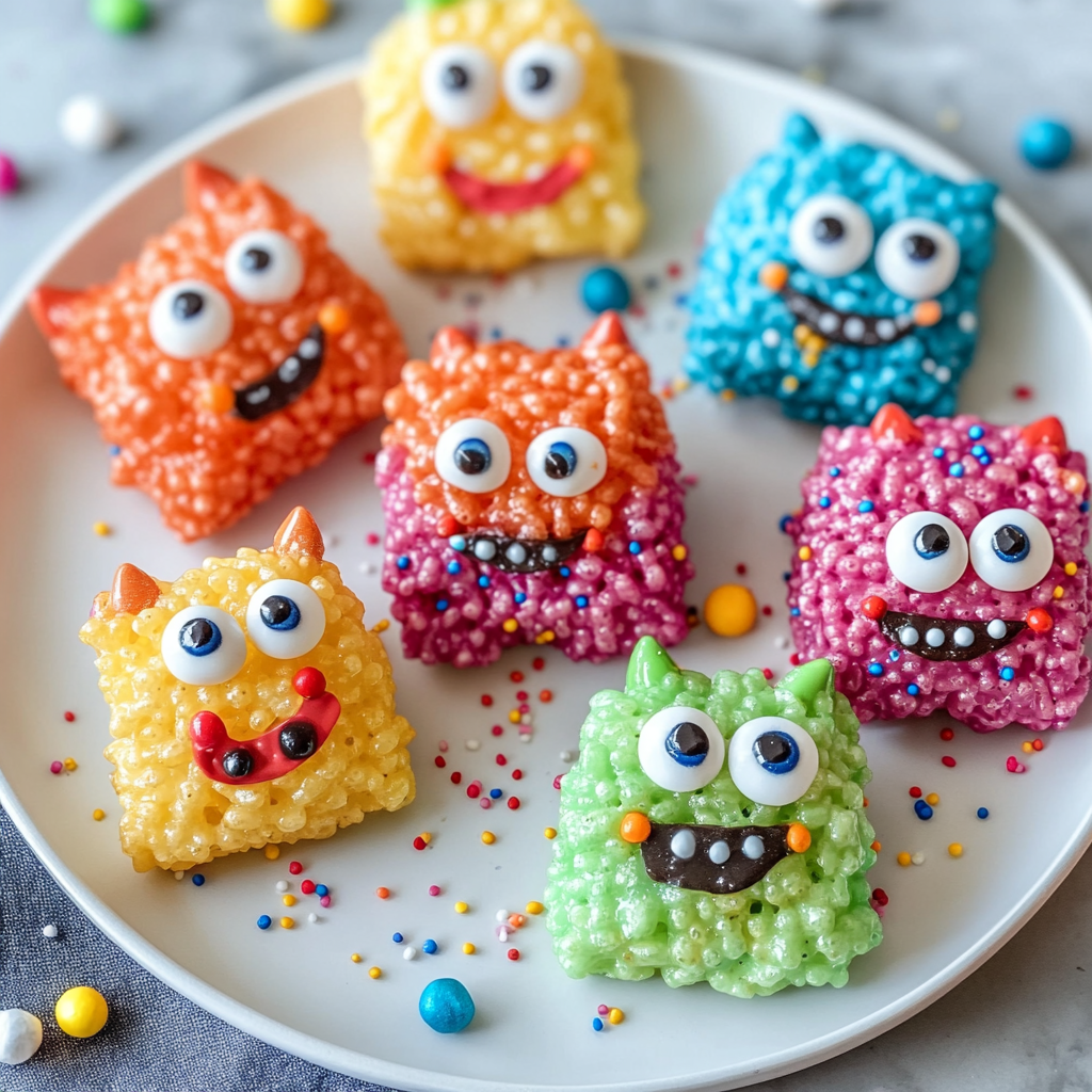 Create Monster Rice Krispies Treats, fun and colorful snacks shaped like monsters, perfect for a playful treat. Ideal for those seeking easy kid dessert recipes no-bake and quick 10 minute dessert ideas.