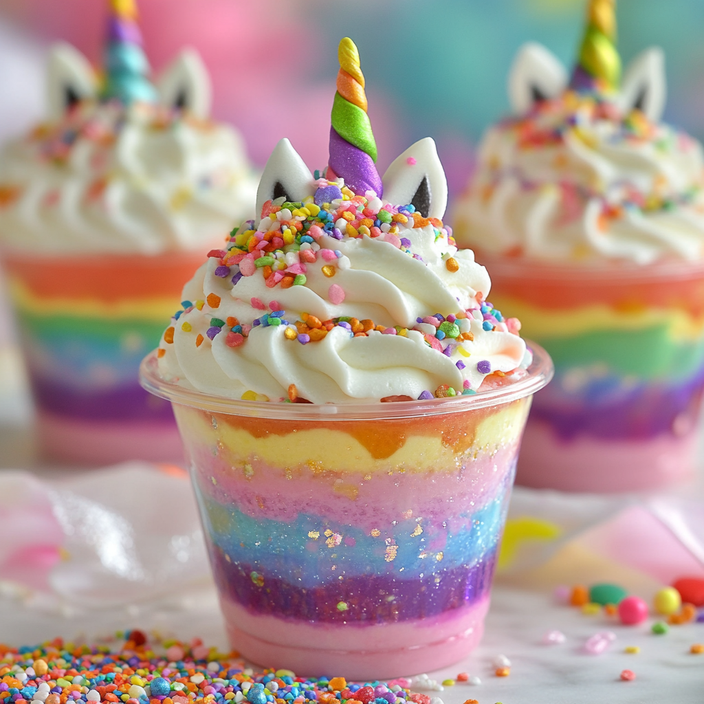 Delight your little ones with this Unicorn Pudding Cups, one of the most enchanting easy kid dessert recipes no-bake. This recipe layers vibrant pudding with whipped topping and sprinkles, making it a perfect, hassle-free dessert that kids will love to help make and eat.