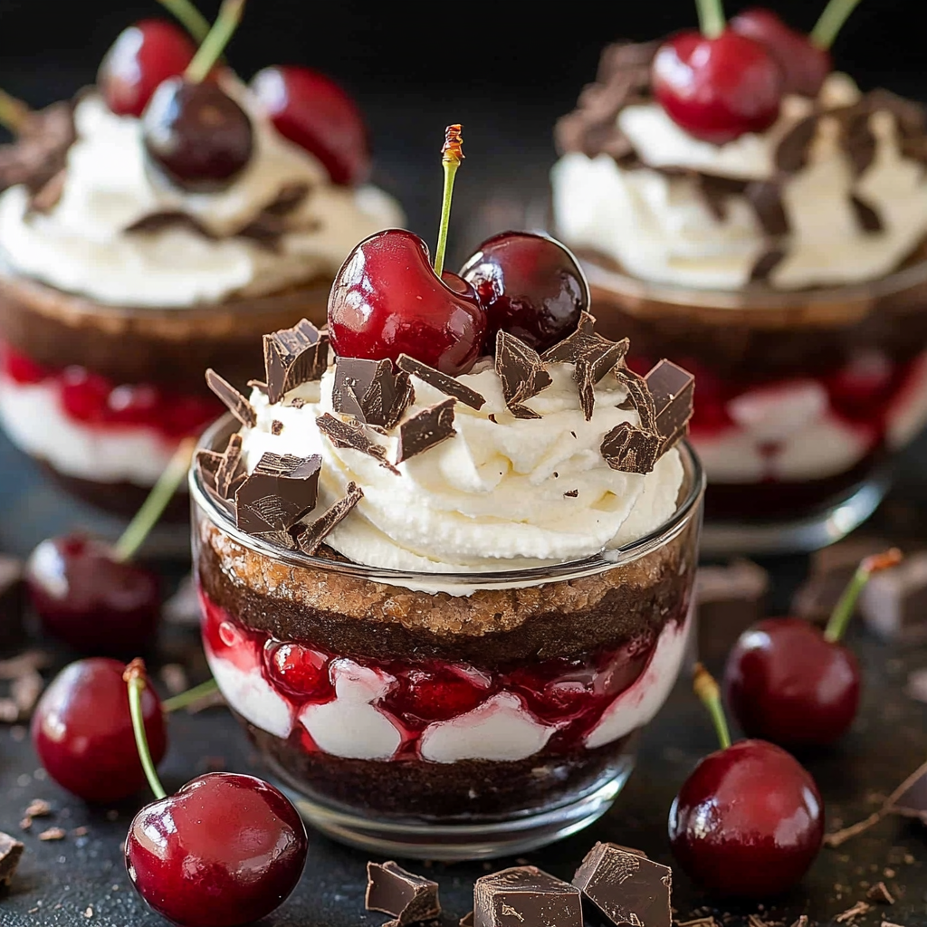 Indulge in the luxurious layers of Black Forest Trifle Cups. This decadent dessert features moist chocolate cake, tangy cherries, and fluffy whipped cream, all beautifully layered in individual servings. Perfect for any occasion, these easy dessert cup recipes are sure to impress and satisfy your sweet cravings.