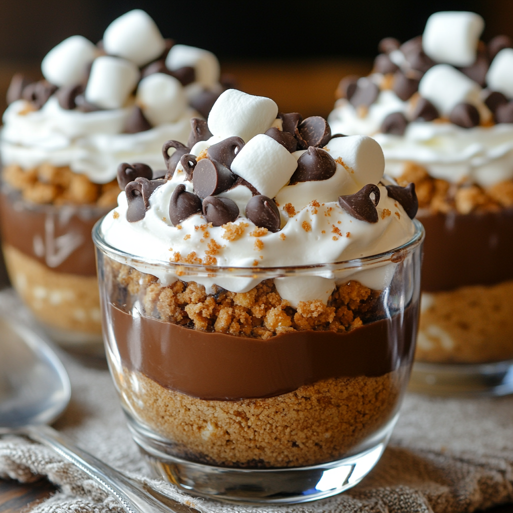 Indulge in these delightful S’mores Cups, a no-bake dessert with layers of graham crackers, chocolate, and marshmallows. Perfect for those looking for 10 minute easy dessert recipes no bake and easy dessert cup recipes.