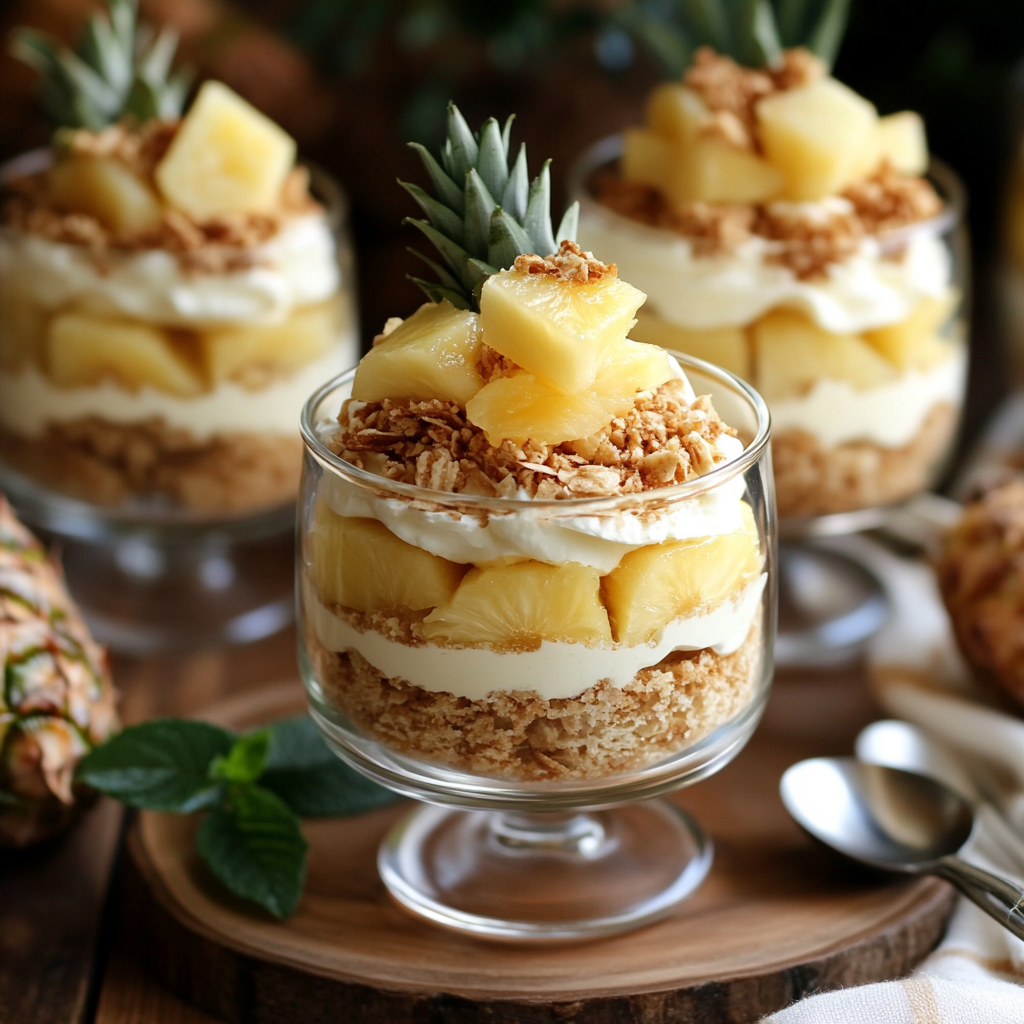 Experience the tropical delight of Mini Pineapple Cheesecake Trifles. These individual servings are loaded with pineapple flavor, featuring layers of creamy cheesecake and juicy pineapple chunks. Perfect for any occasion, these easy dessert cup recipes are a refreshing and delicious snack or dessert.