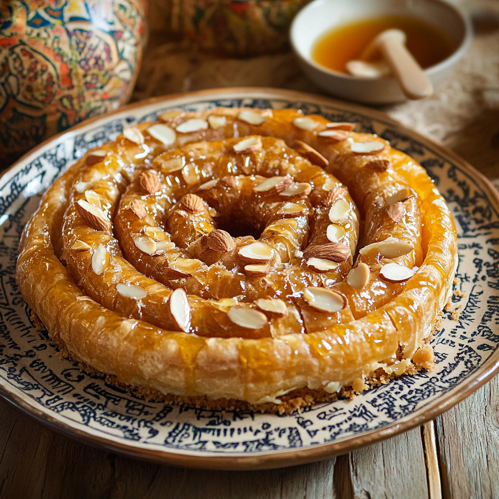 Delight in the unique flavors of M’hanncha (Snake Cake), an easy puff pastry dessert recipe that features a beautifully coiled pastry filled with a rich almond paste. Perfect for special occasions or a sweet treat, this dessert combines intricate presentation with delicious taste.