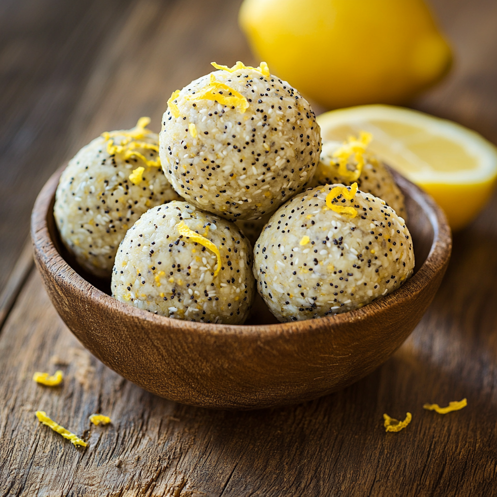 Enjoy the refreshing taste of Lemon Poppy Seed Energy Balls, zesty treats made with lemon and poppy seeds. Perfect for those looking for easy 10 minute recipes and easy no-bake dessert recipes.