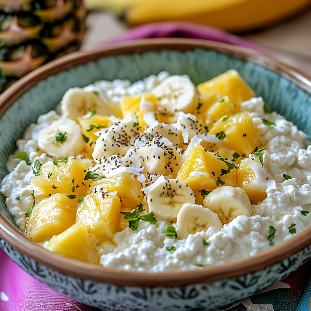 Enjoy a refreshing Tropical Twist Cottage Cheese Bowl with pineapple, coconut, and lime—perfect for a quick, healthy breakfast!